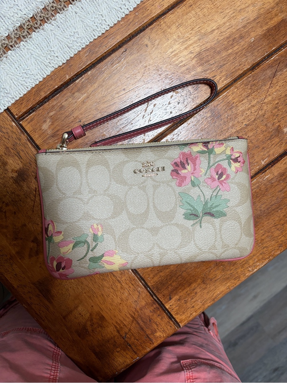 Coach Beige Signature Floral Wristlet with Pink Accents